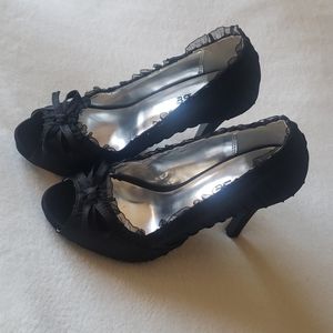 Satin Ruffle Open Toe Pump